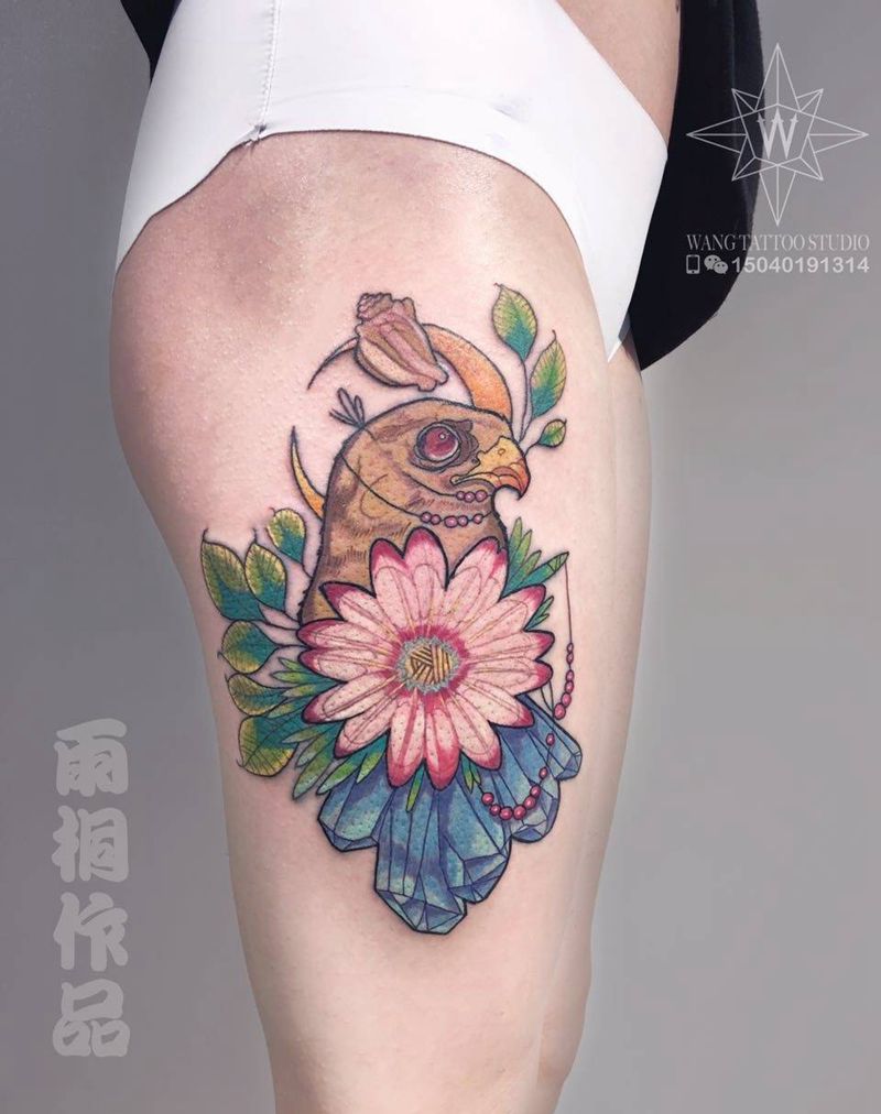 老鹰纹身图片_成品腿部欧美动物纹身图案