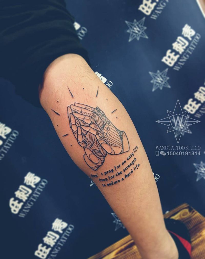 祈祷的手纹身图片_成品腿部欧美字符纹身图案
