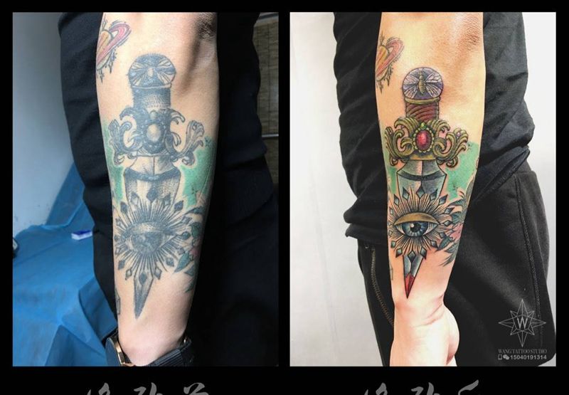 匕首纹身图片_成品手臂欧美武器纹身图案