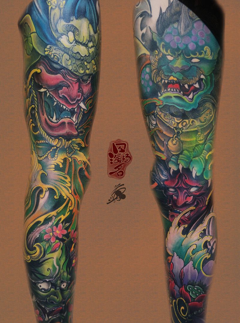 修改纹身图片_腿部新传统老传统般若鬼武士荷花纹身图案