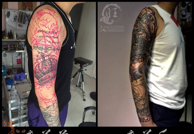 象神花臂纹身图片_成品手臂欧美传统鬼神纹身图案