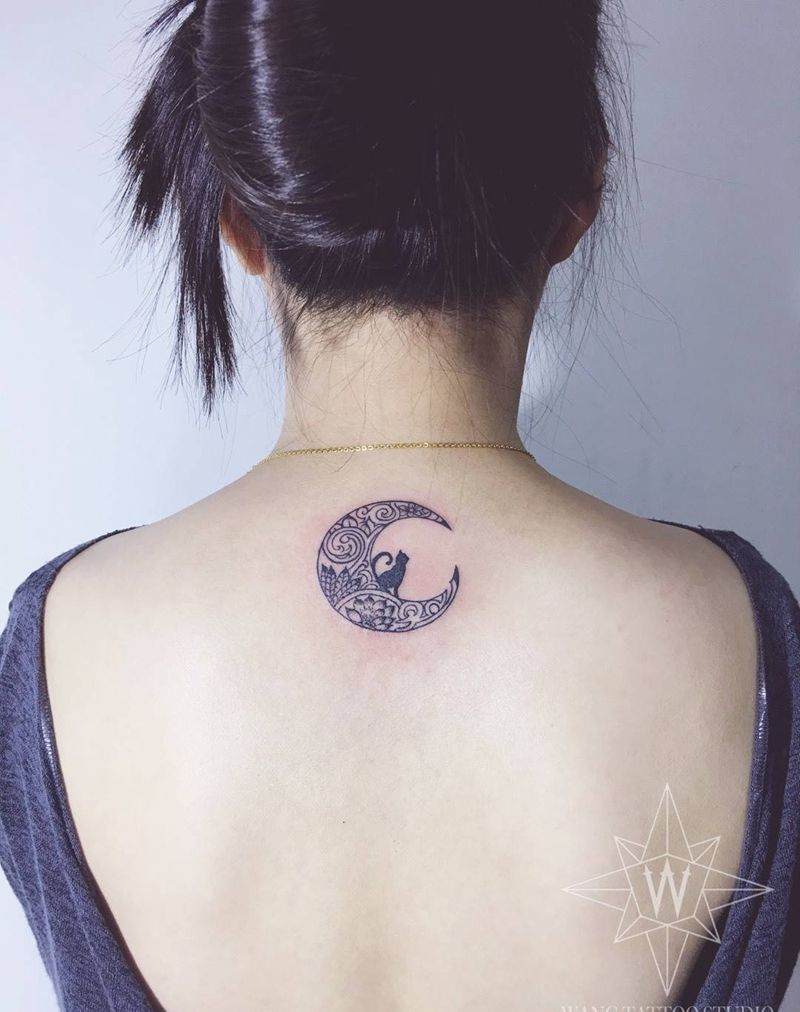 月亮猫纹身图片_成品背部欧美清新图腾动物纹身图案