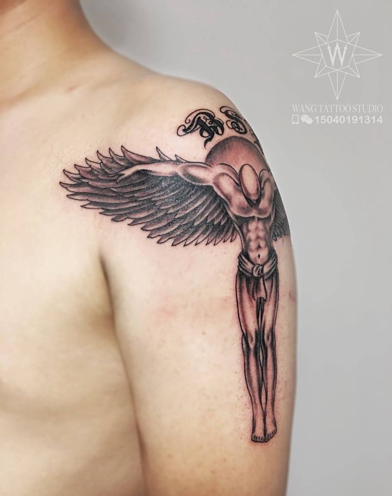 男天使纹身图片_成品手臂欧美人物鬼神纹身图案