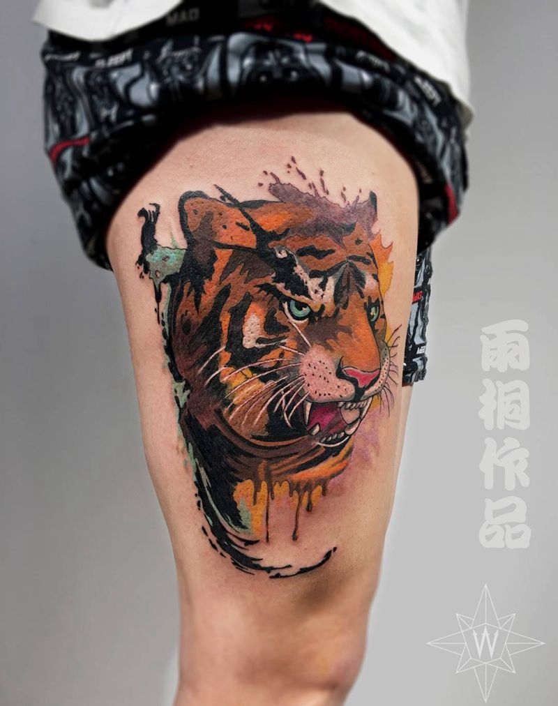 泼墨虎头纹身图片_成品腿部欧美动物纹身图案