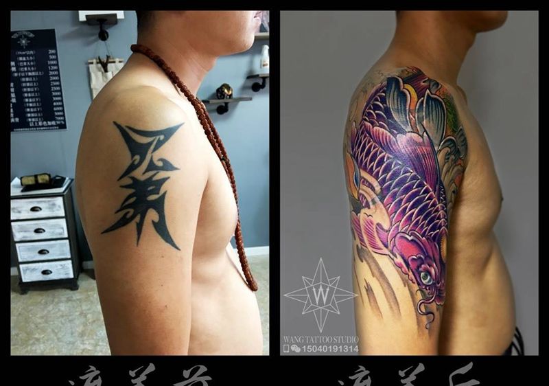 鲤鱼纹身图片_成品手臂传统动物植物纹身图案