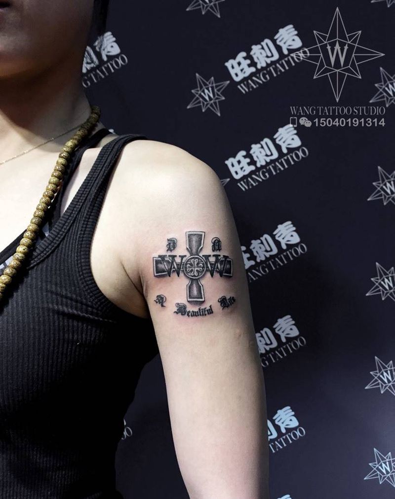 十字架纹身图片_成品手臂欧美几何字符纹身图案