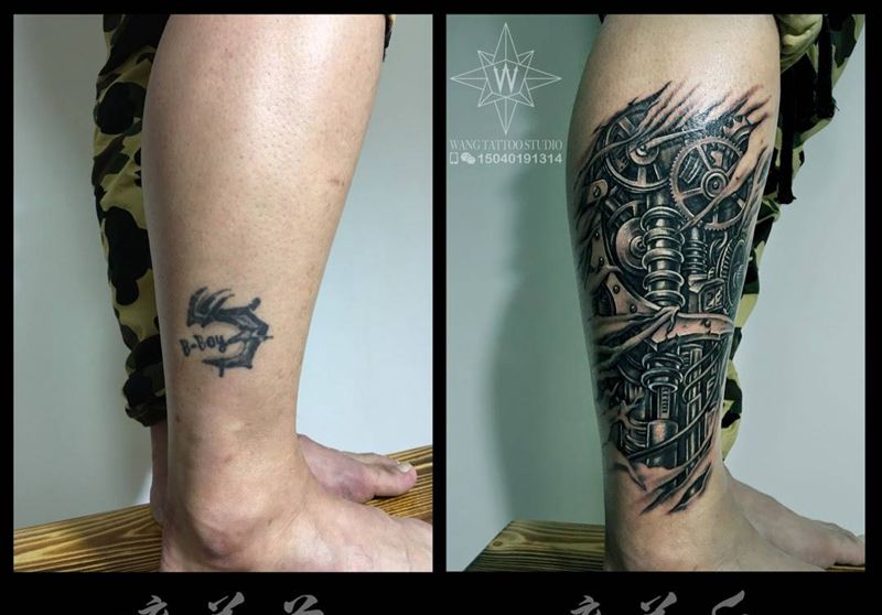 机械纹身图片_成品腿部欧美纹身图案