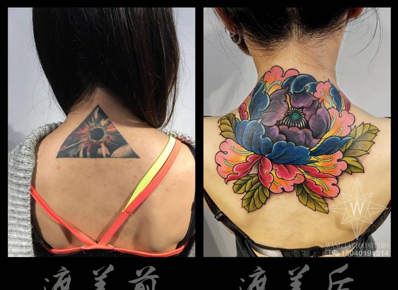 牡丹花纹身图片_成品脖子传统国画植物纹身图案