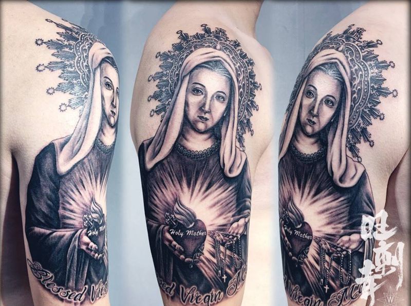 圣母纹身图片_手臂欧美写实纹身图案