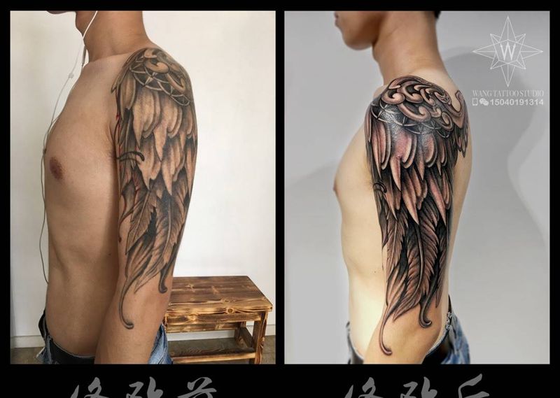 翅膀修改纹身图片_成品手臂欧美写实纹身图案