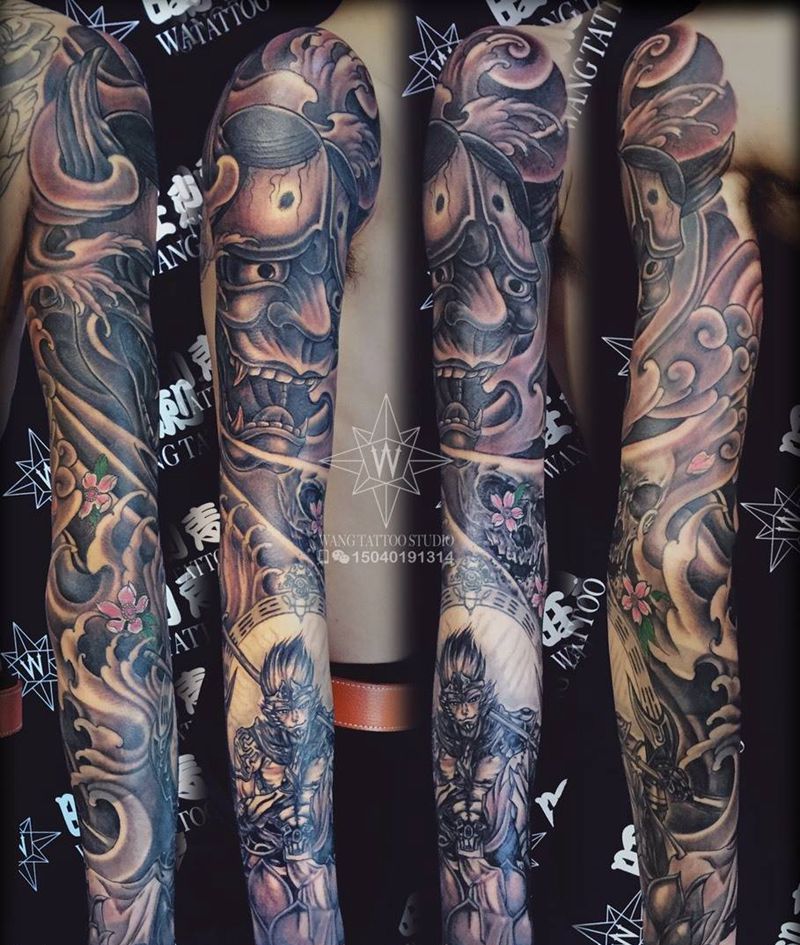 般若花臂纹身图片_成品手臂传统人物鬼神植物纹身图案