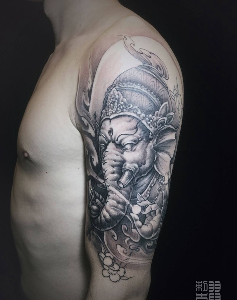 象神纹身图片_手臂新传统纹身图案