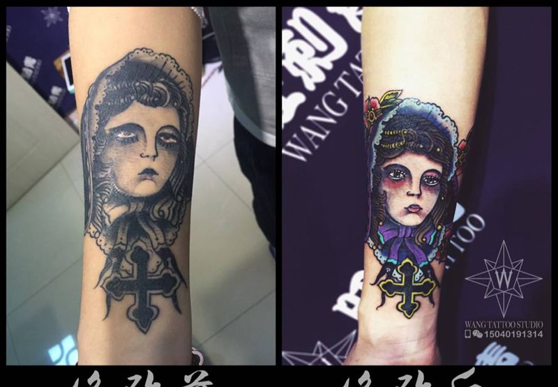 old school小女孩纹身图片_成品手臂欧美肖像纹身图案