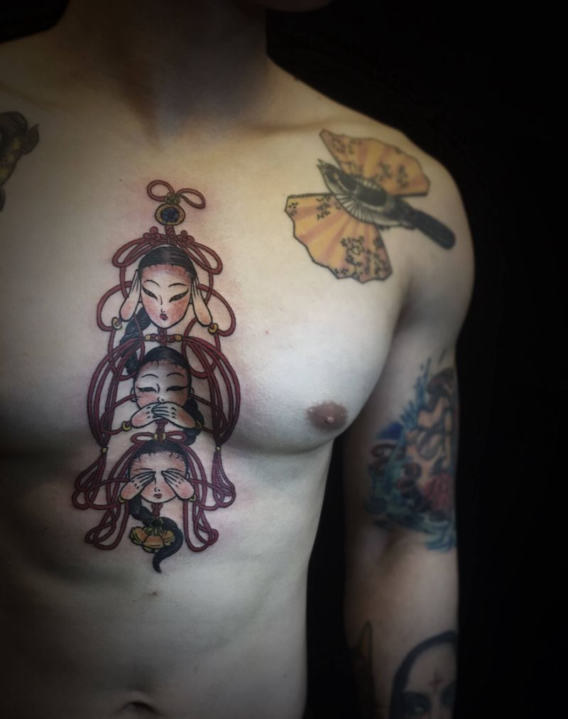 三面纹身图片_胸部老传统纹身图案