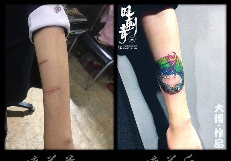 卡通龙猫纹身图片_成品手臂欧美清新植物动物纹身图案