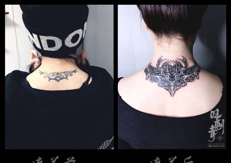 双飞燕纹身图片_颈部Old School燕子纹身图案