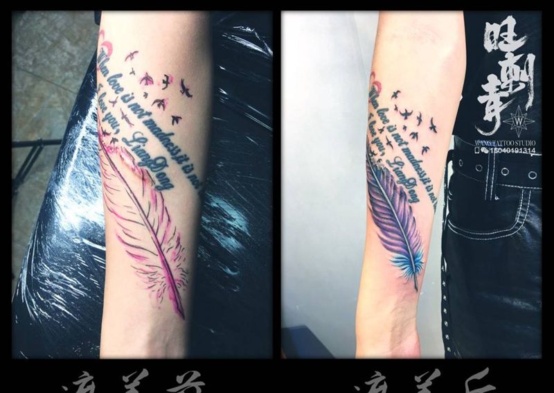 羽毛纹身图片_手臂水彩纹身图案