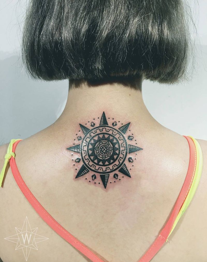 太阳花纹身图片_成品颈部欧美图腾几何纹身图案