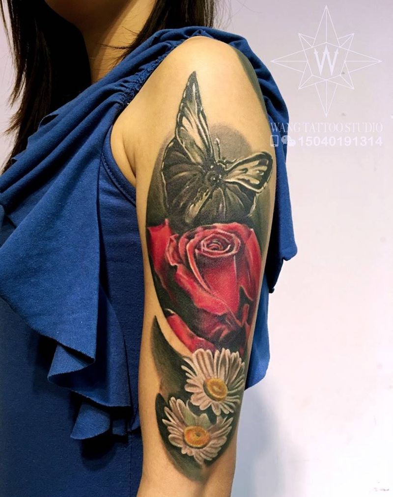 蝴蝶玫瑰雏菊纹身图片_成品手臂欧美动物植物纹身图案