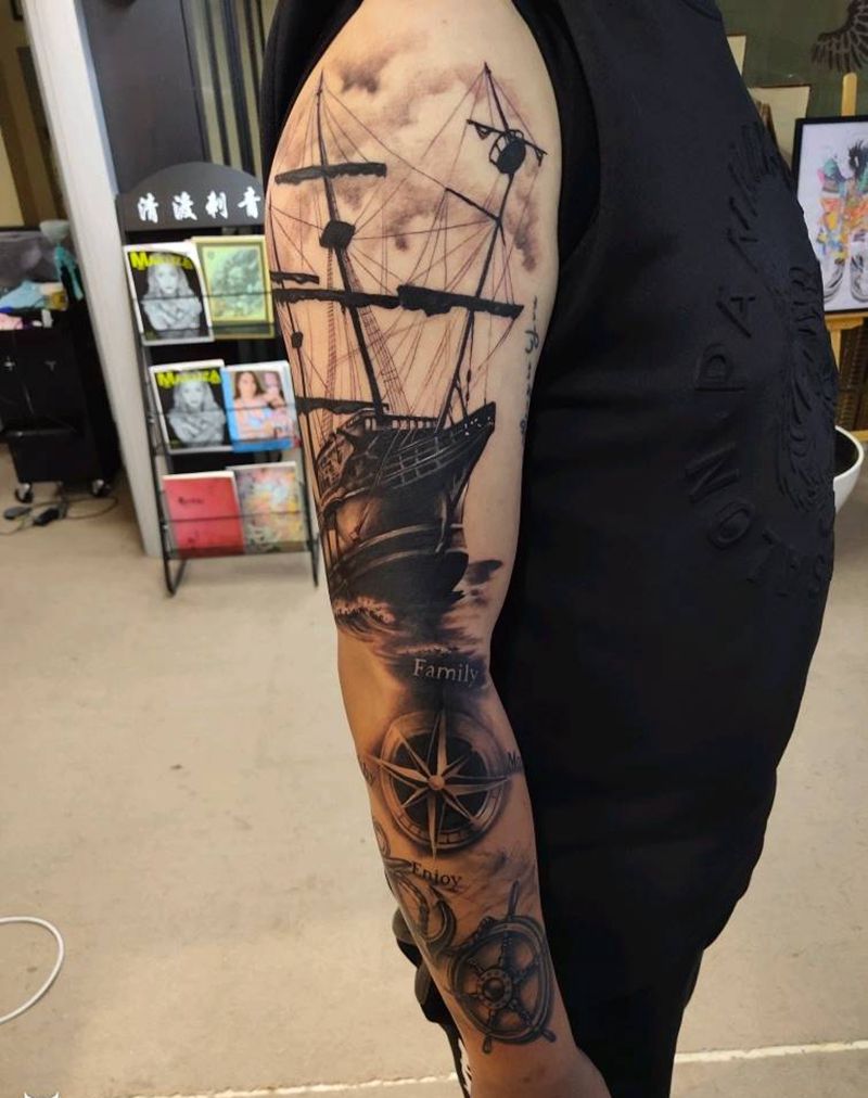 乘风破浪纹身图片_手臂臀部欧美写实花臂纹身图案