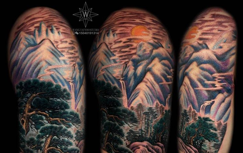 山水画纹身图片_成品手臂传统纹身图案