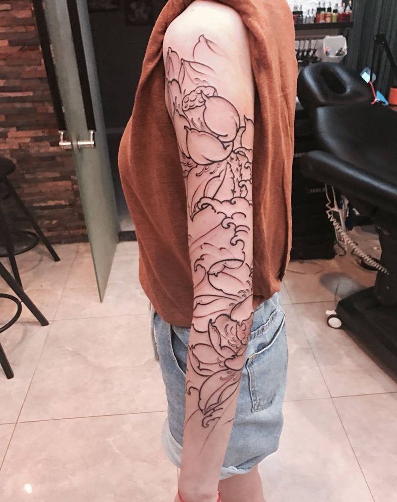 莲花臂（未完成）纹身图片_小伟刺青植物传统手臂纹身图案