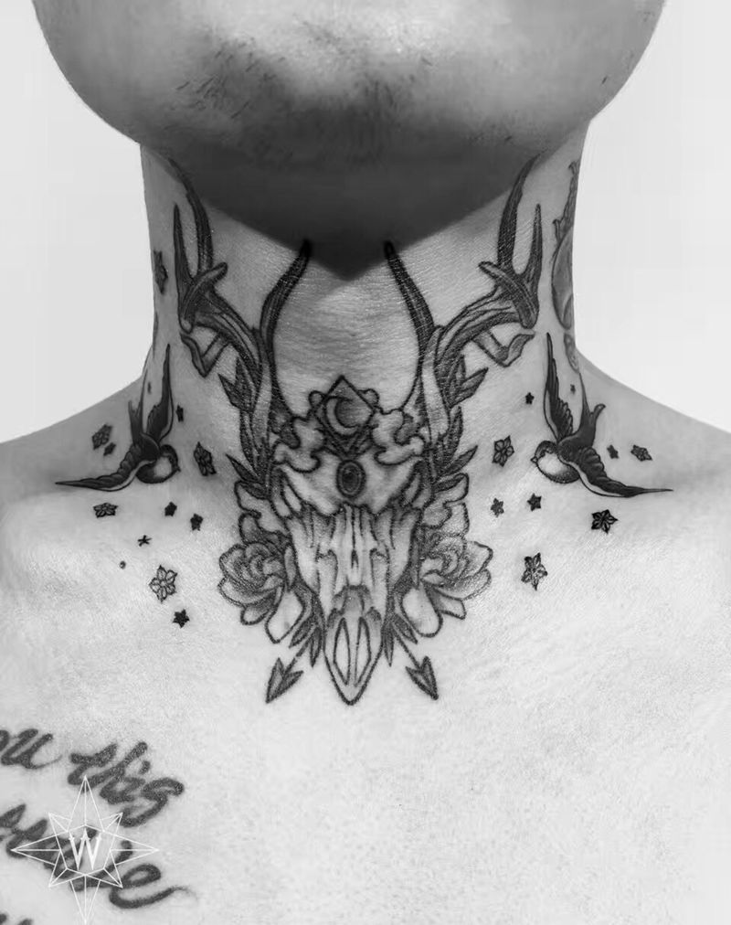 《双燕》➕《骷髅勇士》纹身图片_颈部成品欧美动物鬼神纹身图案