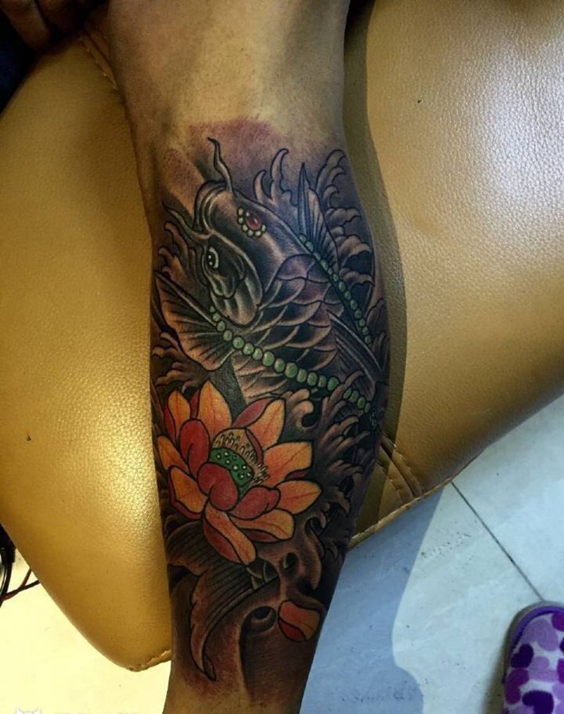 鲤鱼纹身图片_成品手稿腿部背部肩部手臂传统动物原创人物纹身图案