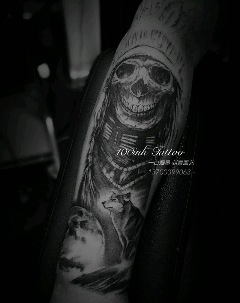 骷髅酋长包小臂（未完成）纹身图片_手臂欧美写实原创成品纹身图案