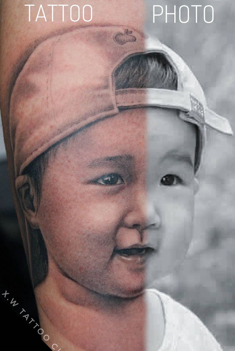 纹身与照片完美结合纹身图片_手臂欧美写实小伟刺青纹身图案