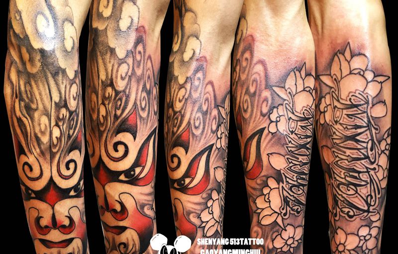 中西结合包臂纹身图片_手臂New School新传统脸谱花体字包小臂纹身图案