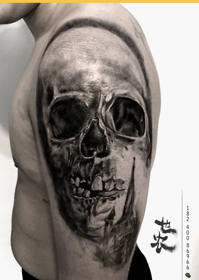 【写实骷髅覆盖】纹身图片_手臂背部欧美写实新传统骷髅覆盖花臂纹身图案