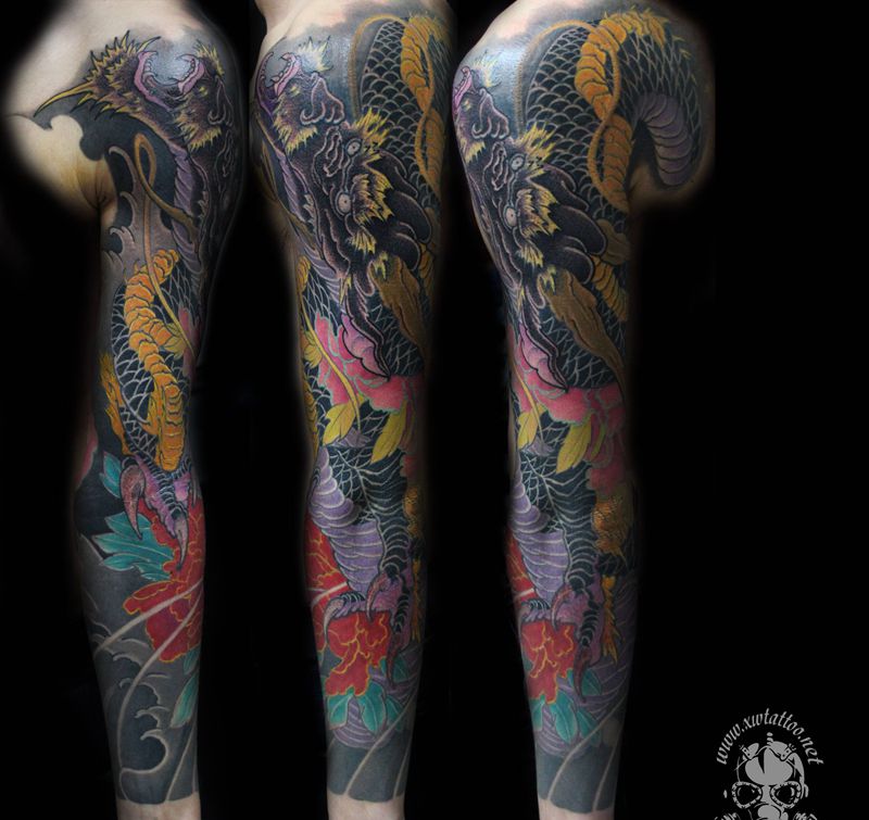 全彩龙花臂纹身图片_手臂老传统小伟刺青纹身图案