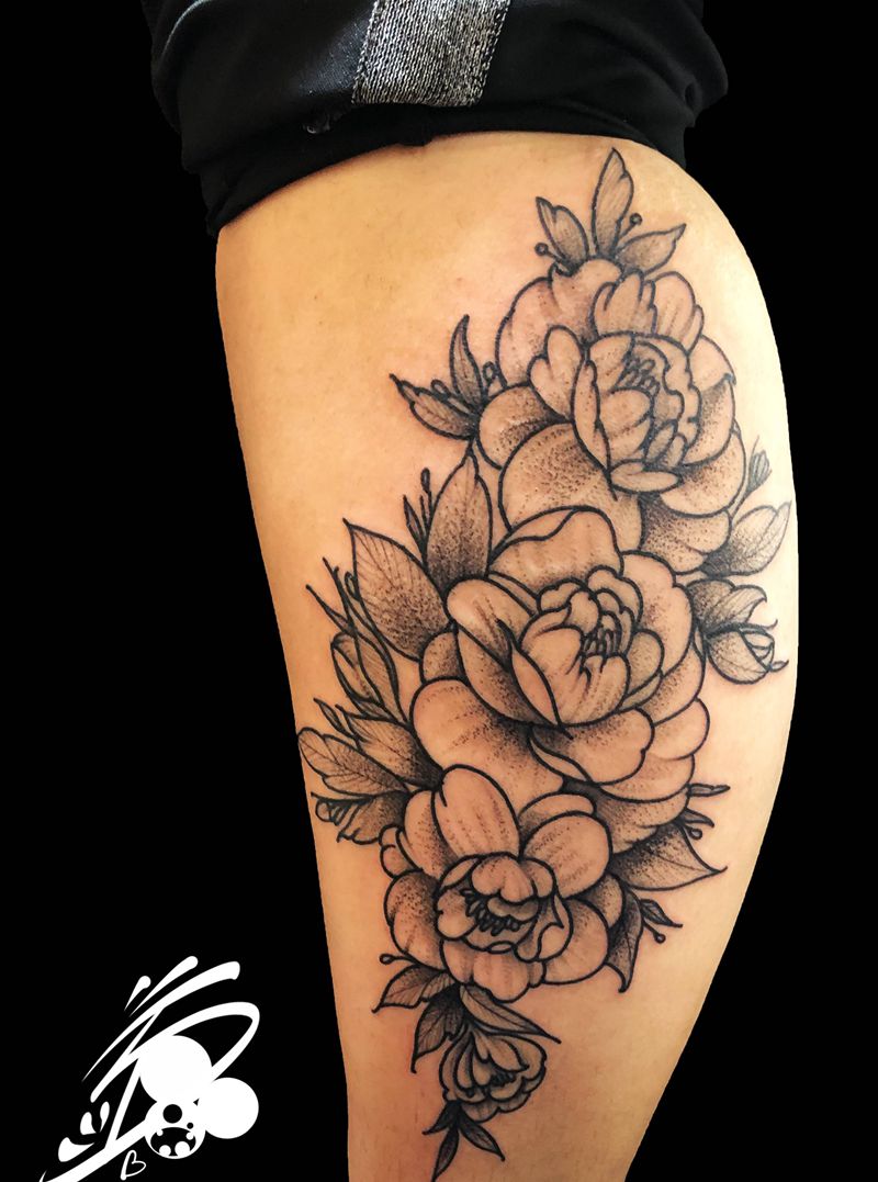 按要求设计纹身图片_腿部点刺花植物牡丹纹身图案