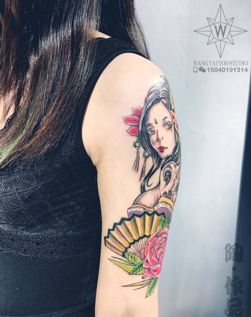 《艺妓》纹身图片_成品肩部手臂传统欧美人物纹身图案