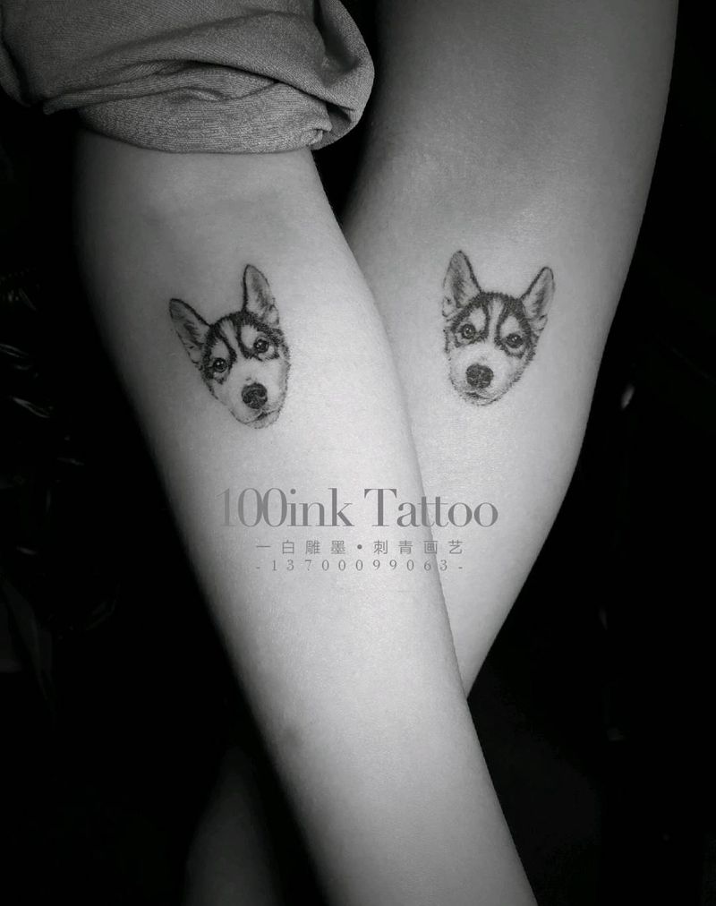 情侣小写实萌哈纹身图片_手臂欧美写实狗哈士奇纹身图案