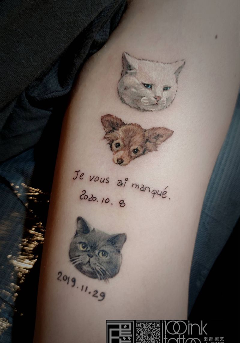 白猫&长毛吉娃娃纹身图片_手臂欧美写实水彩猫狗纹身图案