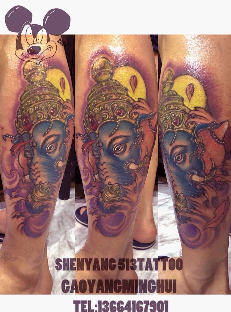 象神纹身图片_成品腿部传统静物宗教鬼神纹身图案
