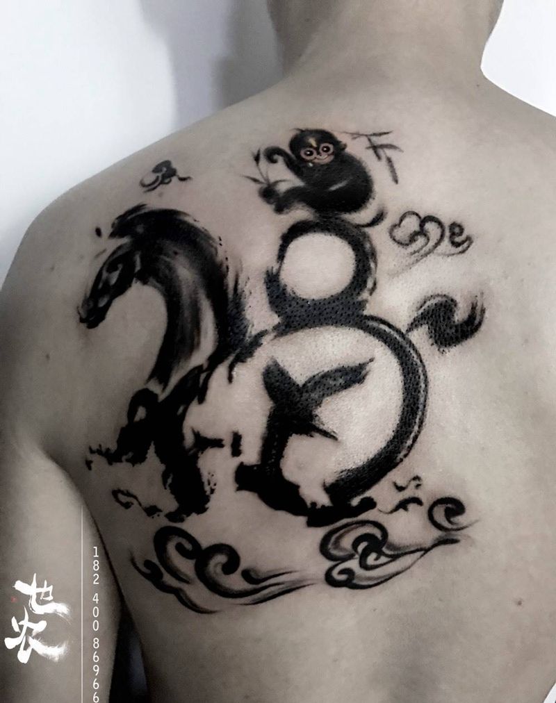 马上封侯纹身图片_胸部背部水墨水彩马上封侯国画福字纹身图案
