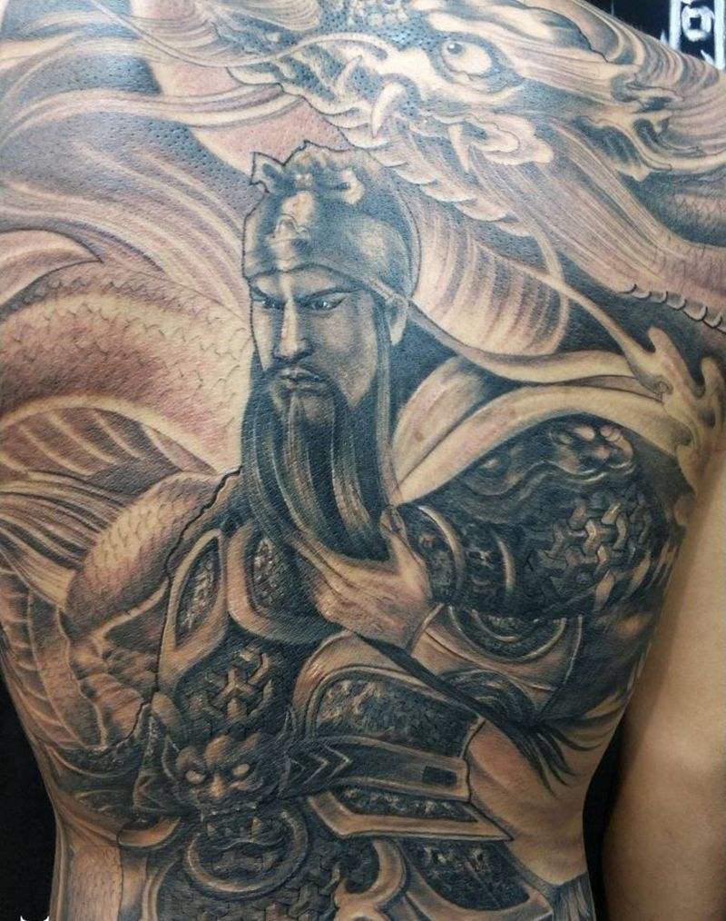 关公御龙图纹身图片_背部新传统纹身图案