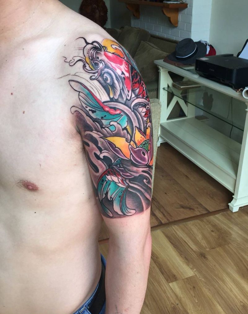 大臂鲤鱼纹身图片_成品手稿脚部腰部肩部腿部传统原创人物动物纹身图案