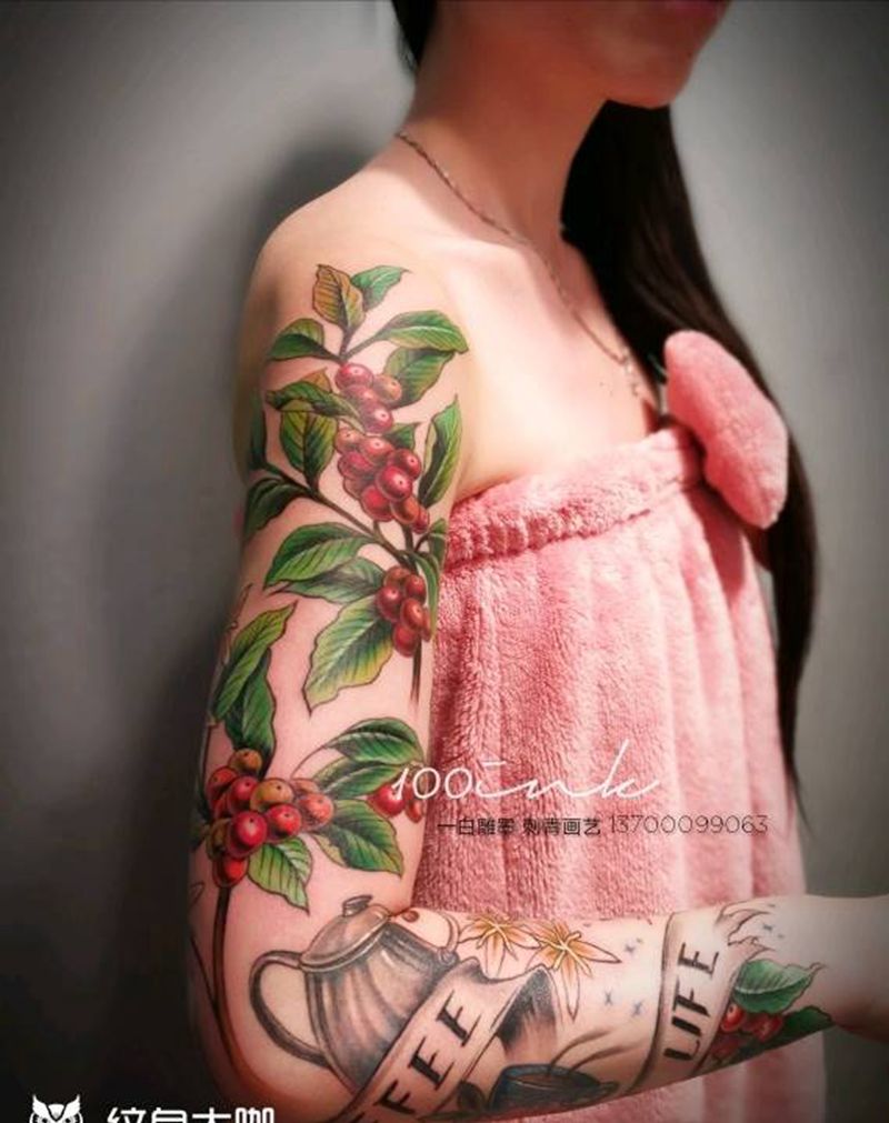 咖啡师的花臂梦 梦想成真纹身图片_手臂欧美植物静物原创成品纹身图案