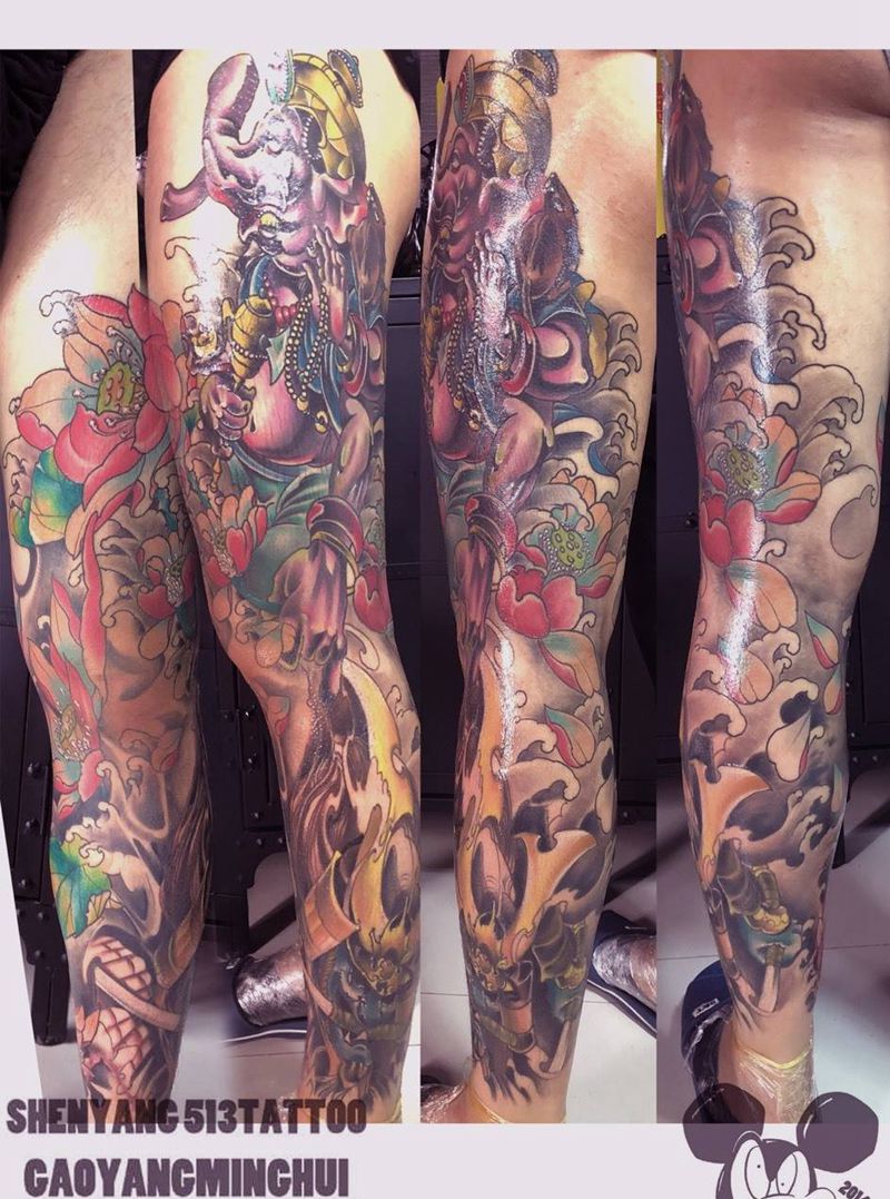 象神花腿纹身图片_成品脚部传统鬼神植物静物宗教动物人物纹身图案
