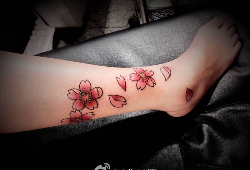 樱花纹身图片_手稿成品脚部手臂传统植物静物原创纹身图案