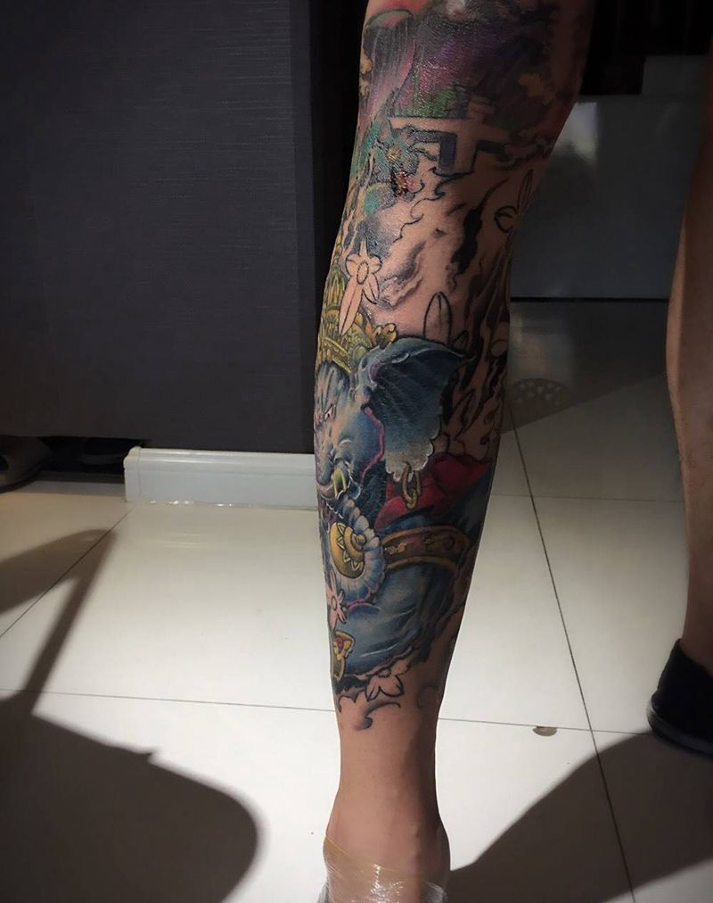 花腿新进度纹身图片_成品腿部传统动物鬼神人物植物静物纹身图案