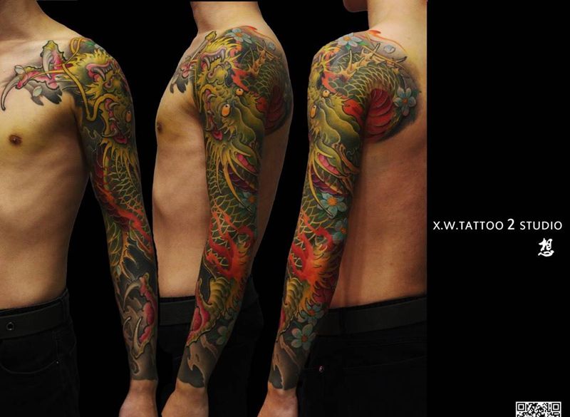 龙花臂-李想作品纹身图片_小伟刺青传统手臂成品纹身图案