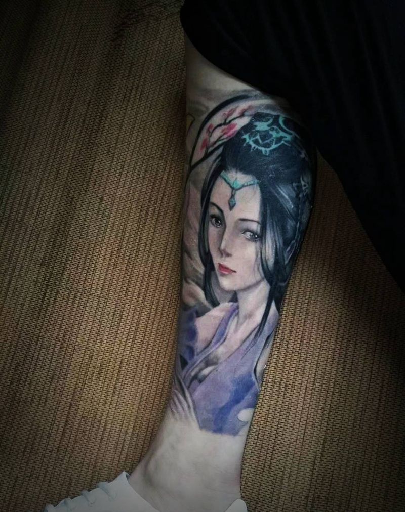 古风美女纹身图片_腿部新传统水彩纹身图案