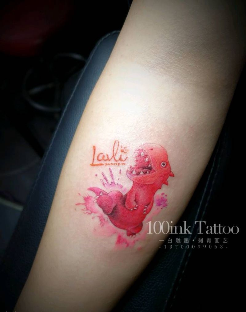 水彩小恐龙纹身图片_手臂清新动物原创成品纹身图案
