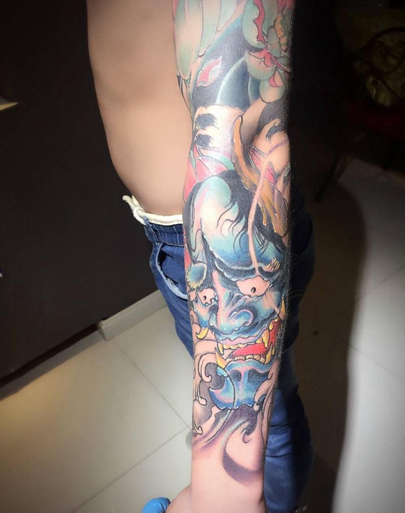 花臂 未完纹身图片_成品手臂传统鬼神动物静物原创纹身图案