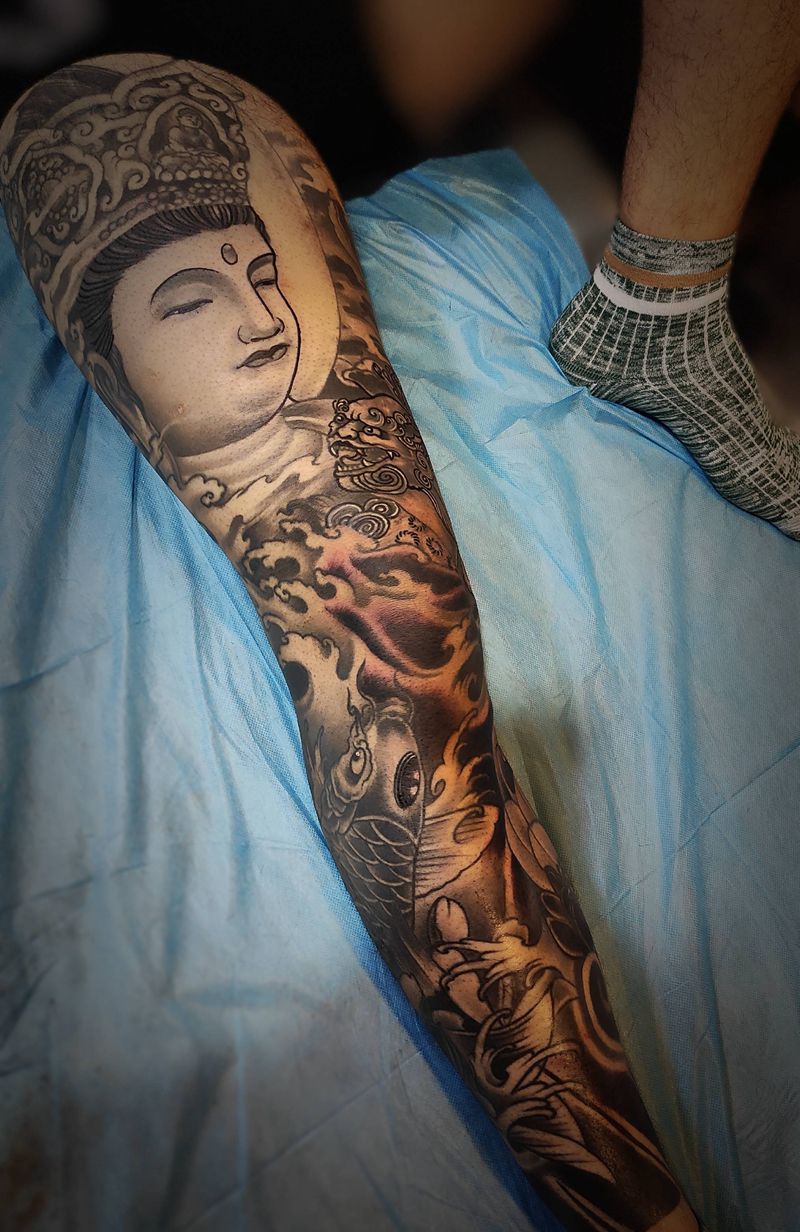 花腿纹身图片_腿部新传统纹身图案